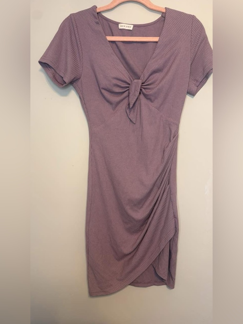 Moss & Spy Dusty Mauve Tie-Front Ribbed Mini Dress